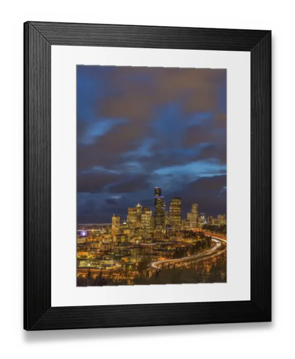 Framed Print : City skyline and Interstate 90 and 5 from Rizal Bridge in downtown Seattle, Washington State Framed Print : City skyline and Interstate 90 and 5 from Rizal Bridge in downtown Seattle, Washington State