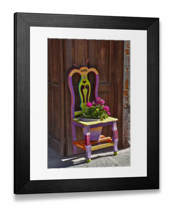 Framed Print : San Miguel De Allende, Mexico. Colorful painted chair planter Framed Print : San Miguel De Allende, Mexico. Colorful painted chair planter