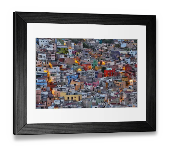 Framed Print : Guanajuato in Central Mexico. City overview in evening light with colorful buildings Framed Print : Guanajuato in Central Mexico. City overview in evening light with colorful buildings