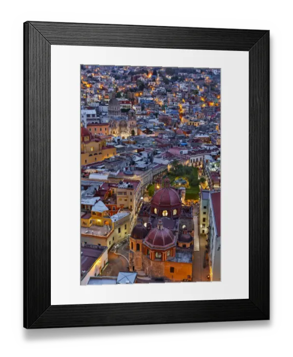 Framed Print : Guanajuato in Central Mexico. City overview in evening light with colorful buildings