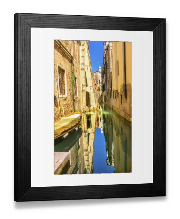 Framed Print : Colorful small boats. Building reflection, Venice, Italy