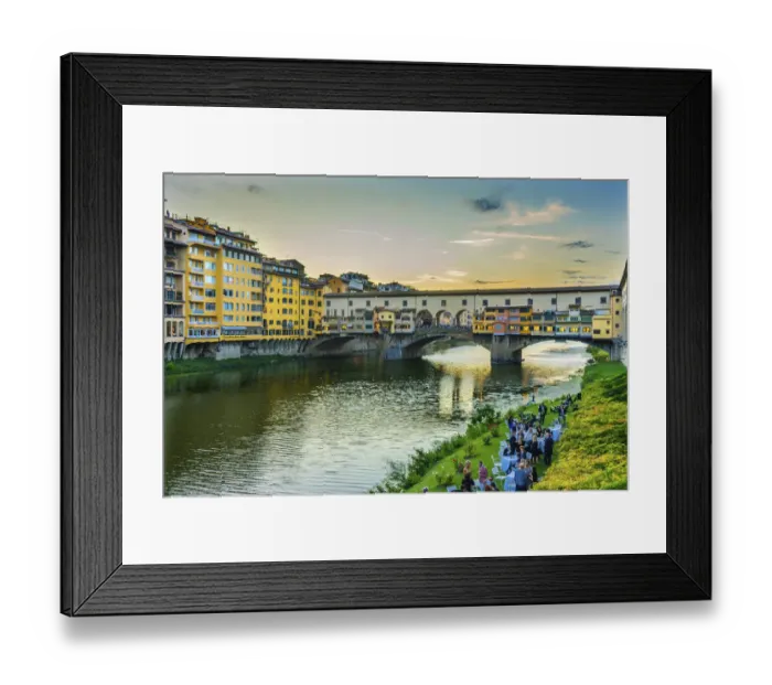 Framed Print : Evening dinner party by the Arno River, Ponte Vecchio, Florence, Tuscany, Italy Framed Print : Evening dinner party by the Arno River, Ponte Vecchio, Florence, Tuscany, Italy