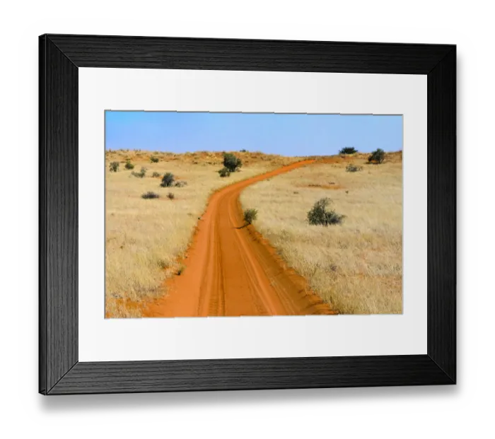 Framed Print : Red sand road in Kgalagadi Transfrontier Park, South Africa Framed Print : Red sand road in Kgalagadi Transfrontier Park, South Africa