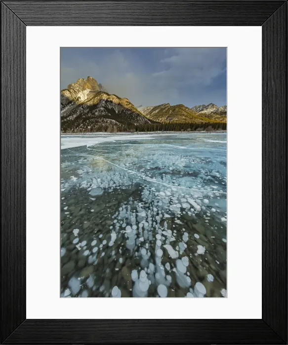 Framed Print : Mount Abraham at sunrise with methane ice bubbles under clear ice on Abraham Lake near Nordegg Framed Print : Mount Abraham at sunrise with methane ice bubbles under clear ice on Abraham Lake near Nordegg