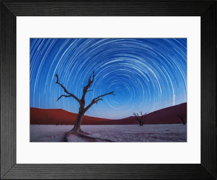 Framed Print : Africa, Namibia, Deadvlei. Dead tree sand dunes and star trails Framed Print : Africa, Namibia, Deadvlei. Dead tree sand dunes and star trails
