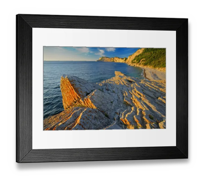 Framed Print : Canada, Quebec, Forillon National Park. Limestone along Atlantic shoreline at sunrise
