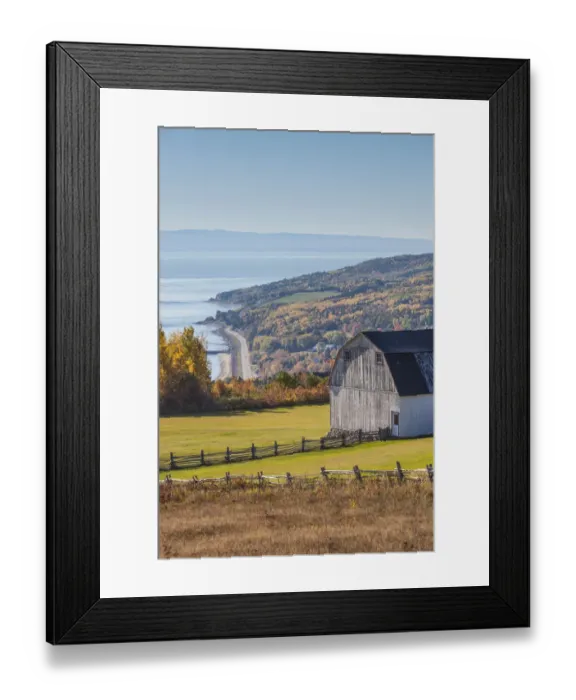 Framed Print : Canada, Quebec, Sainte Irenee. Elevated view of farm and St. Lawrence River Framed Print : Canada, Quebec, Sainte Irenee. Elevated view of farm and St. Lawrence River