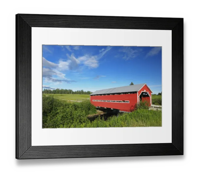 Framed Print : Canada, Quebec, Ste. Jeanne d Arc. Covered bridge over stream