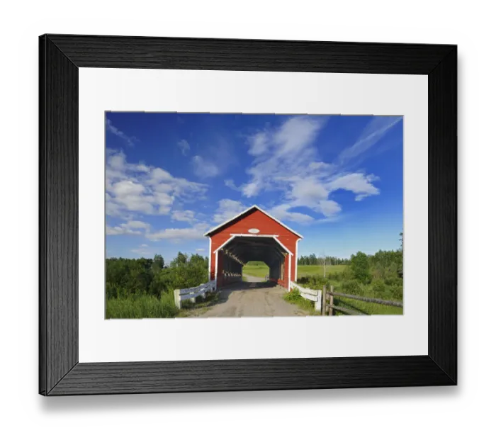 Framed Print : Canada, Quebec, Ste. Jeanne d Arc. Covered bridge over stream Framed Print : Canada, Quebec, Ste. Jeanne d Arc. Covered bridge over stream