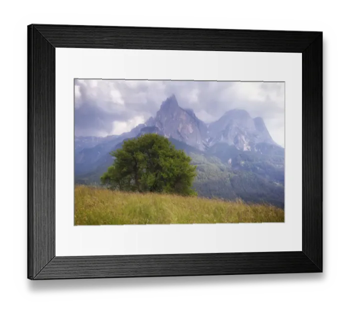 Framed Print : Europe, Italy, Dolomite Mountains, South Tyrol. Tree and mountains landscape. Credit as