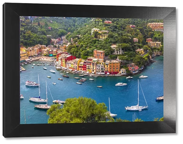 Europe, Italy, Liguria, Portofino. Aerial view of town and harbor