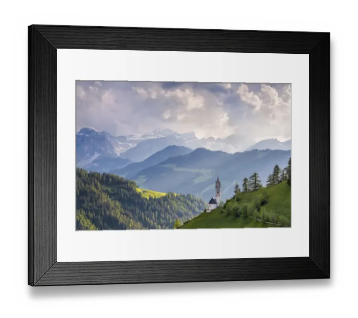 Framed Print : Europe, Italy, Dolomites, Wengen. Landscape with Chapel of St. Barbara. Credit as Framed Print : Europe, Italy, Dolomites, Wengen. Landscape with Chapel of St. Barbara. Credit as