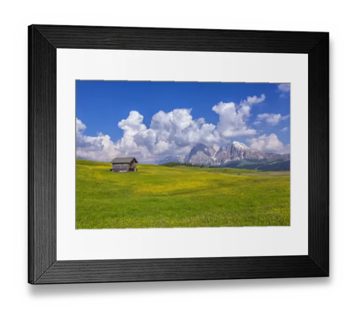 Framed Print : Europe, Italy, Dolomites, South Tyrol. Mountains and hut in meadow