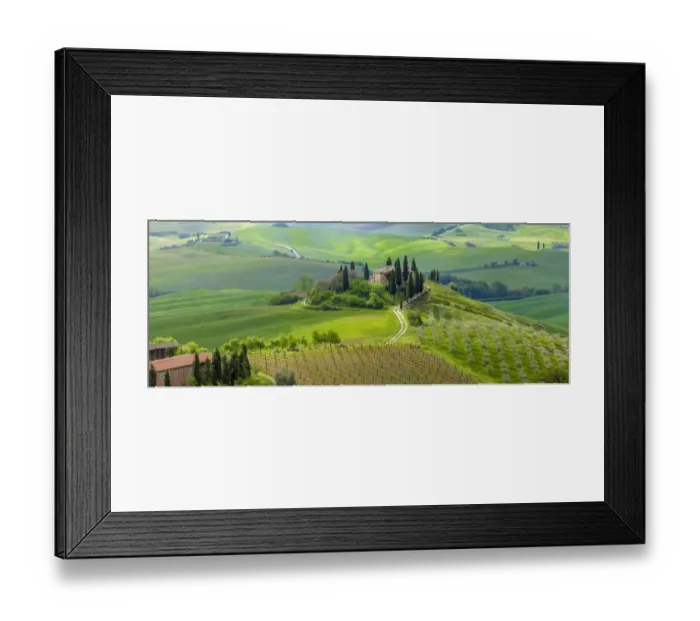 Framed Print : Europe, Italy, Val d Orcia. Il Belvedere farmhouse panoramic Framed Print : Europe, Italy, Val d Orcia. Il Belvedere farmhouse panoramic