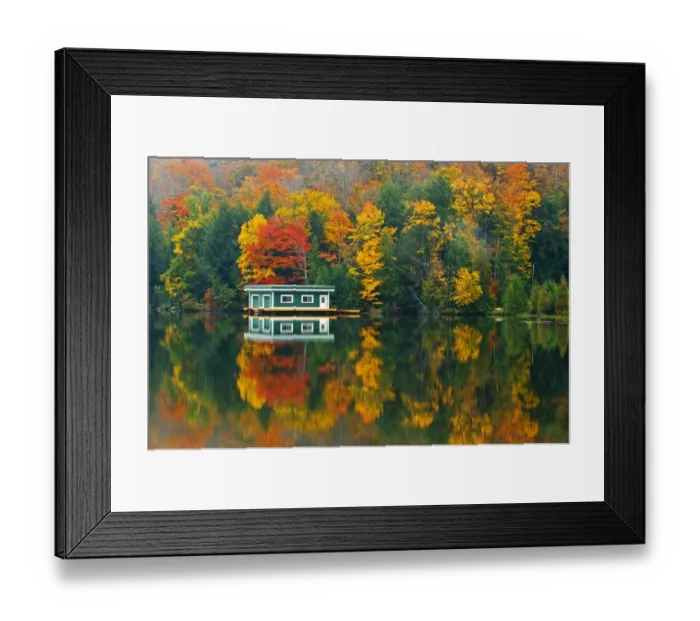 Framed Print : Canada, Ontario, Rosseau. Boathouse and reflection in autumn