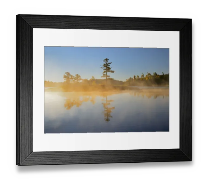 Framed Print : Canada, Ontario, Kenora. Sunrise reflections on Middle Lake fog