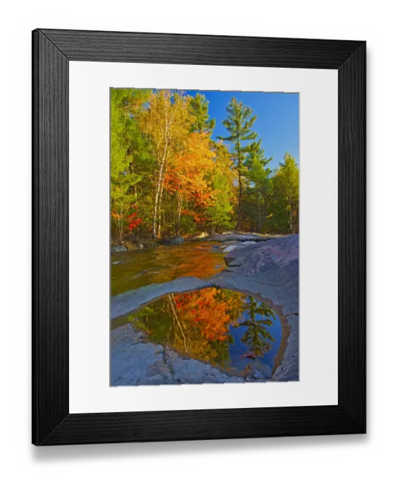Framed Print : Canada, Ontario. Fall reflections on Rosseau River at Lower Rosseau Falls. Credit as Framed Print : Canada, Ontario. Fall reflections on Rosseau River at Lower Rosseau Falls. Credit as