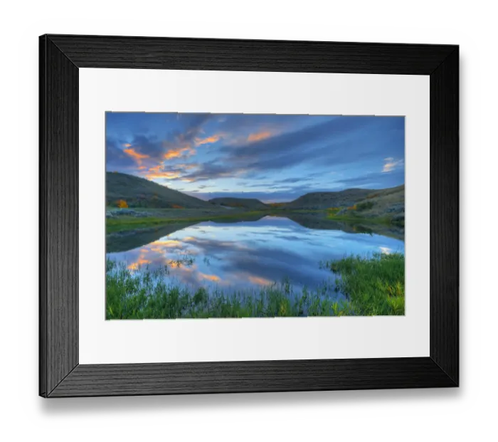 Framed Print : Canada, Saskatchewan, Saskatchewan Landing Provincial Park. Clouds at sunset reflected in wetland