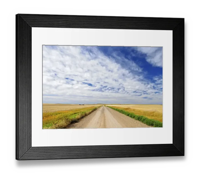 Framed Print : Canada, Saskatchewan, Lepine. Clouds over prairie road at sunrise Framed Print : Canada, Saskatchewan, Lepine. Clouds over prairie road at sunrise