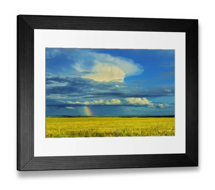 Framed Print : Canada, Saskatchewan, Grasslands National Park. Storm and rainbow over prairie. Credit as