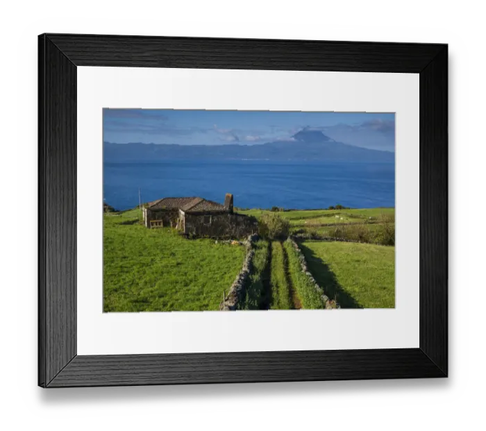 Framed Print : Portugal, Azores, Sao Jorge Island, Rosais. Elevated view of fields and the Pico Volcano Framed Print : Portugal, Azores, Sao Jorge Island, Rosais. Elevated view of fields and the Pico Volcano