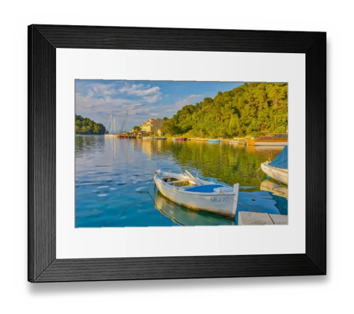 Framed Print : Croatia, Pomena. Sunset on harbor and Island of Miljet