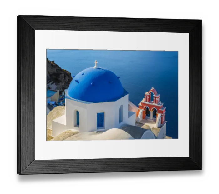 Framed Print : Europe, Greece, Oia. Greek Orthodox church and ocean Framed Print : Europe, Greece, Oia. Greek Orthodox church and ocean