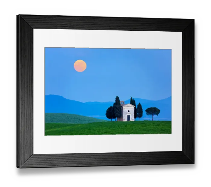 Framed Print : Italy, Tuscany, Val d Orcia. Moonrise over Chapel of Vitaleta Framed Print : Italy, Tuscany, Val d Orcia. Moonrise over Chapel of Vitaleta