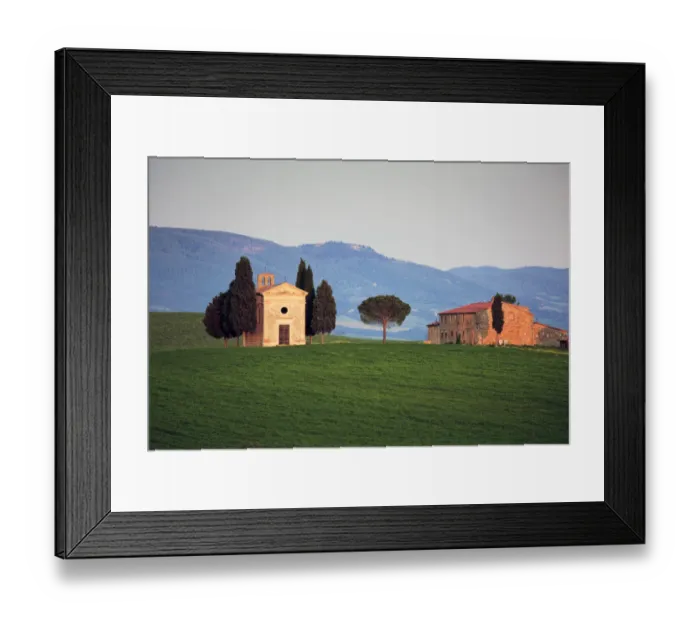 Framed Print : Italy, Tuscany, Val d Orcia. Chapel of Vitaleta and house Framed Print : Italy, Tuscany, Val d Orcia. Chapel of Vitaleta and house