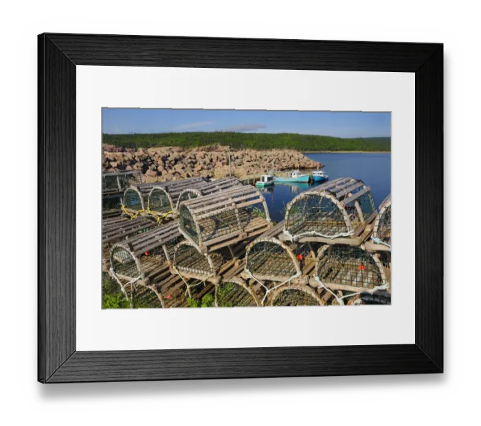 Framed Print : Canada, Nova Scotia, Neils Harbour. Boats and lobster traps in coastal village. Credit as Framed Print : Canada, Nova Scotia, Neils Harbour. Boats and lobster traps in coastal village. Credit as