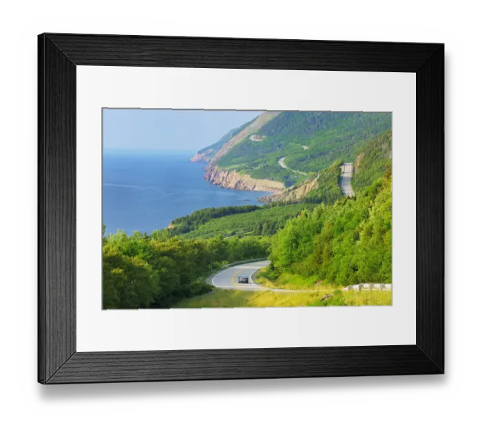 Framed Print : Canada, Nova Scotia, Cape Breton Highlands National Park. Vehicle on winding Cabot Trail road Framed Print : Canada, Nova Scotia, Cape Breton Highlands National Park. Vehicle on winding Cabot Trail road
