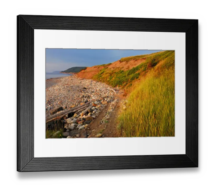 Framed Print : Canada, Nova Scotia, Pleasant Bay. Red cliffs at sunset on Cabot Trail. Credit as Framed Print : Canada, Nova Scotia, Pleasant Bay. Red cliffs at sunset on Cabot Trail. Credit as