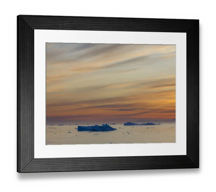 Framed Print : Ilulissat Icefjord also called kangia or Ilulissat Kangerlua, sunset over Disko Bay