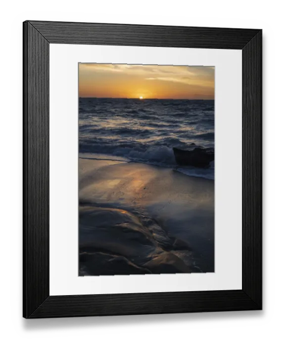Framed Print : Sun setting on the Pacific Ocean with reflection of golden in the sand Framed Print : Sun setting on the Pacific Ocean with reflection of golden in the sand