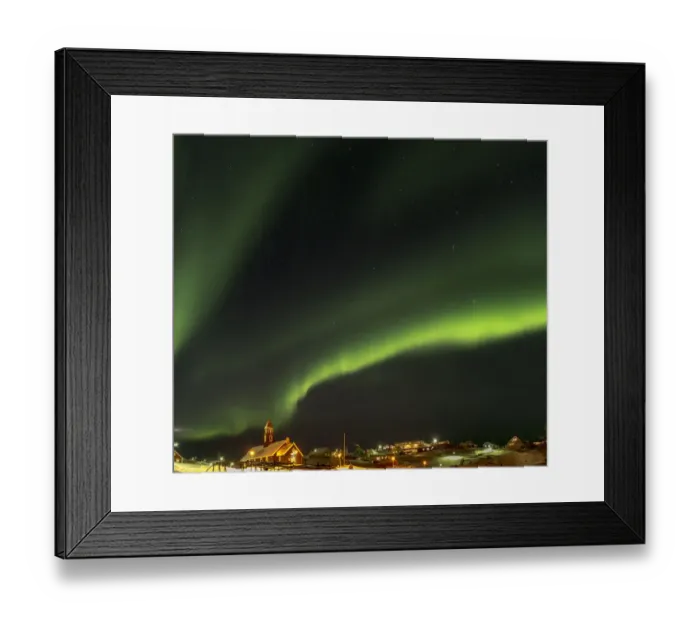 Framed Print : Northern Lights over town and frozen Disko Bay. Greenland, Denmark Framed Print : Northern Lights over town and frozen Disko Bay. Greenland, Denmark