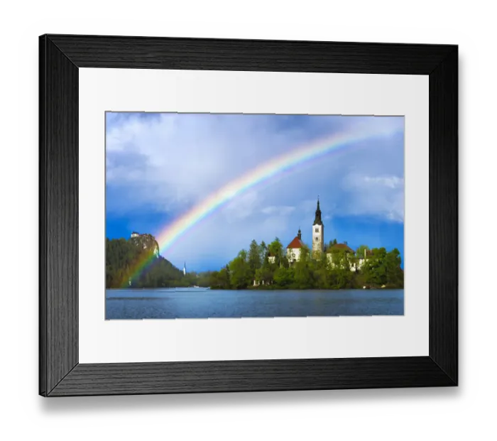 Framed Print : Europe, Slovenia, Lake Bled. Rainbow over lake and church Framed Print : Europe, Slovenia, Lake Bled. Rainbow over lake and church