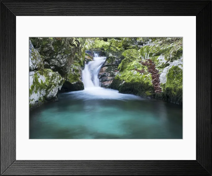 Framed Print : Slovenia. Small stream of pure mountain water cascades down mossy rocks