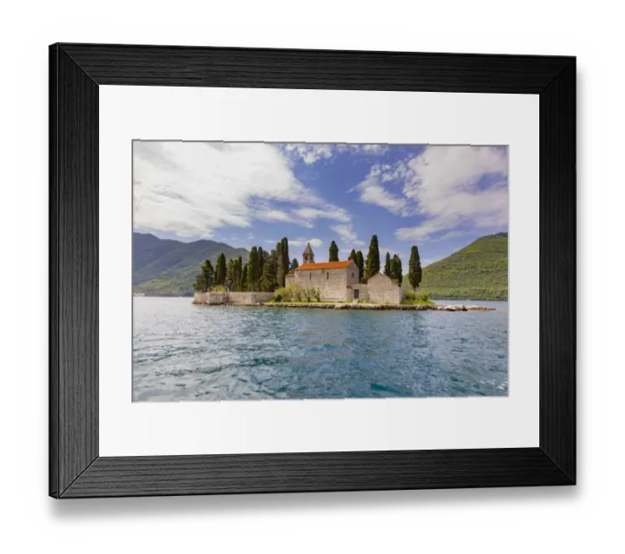 Framed Print : Montenegro, Kotor. View of church on island in bay Framed Print : Montenegro, Kotor. View of church on island in bay