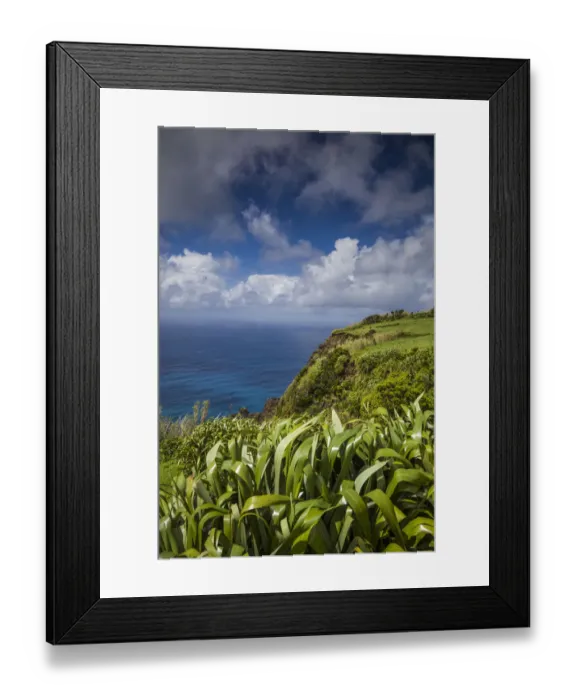Framed Print : Portugal, Azores, Faial Island, Baia de Ribeira. Elevated view of Porto da Faja