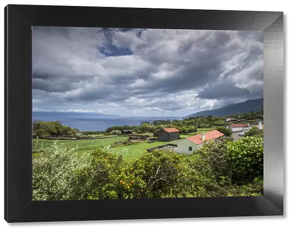 Portugal, Azores, Pico Island, Prainha. Elevated town view