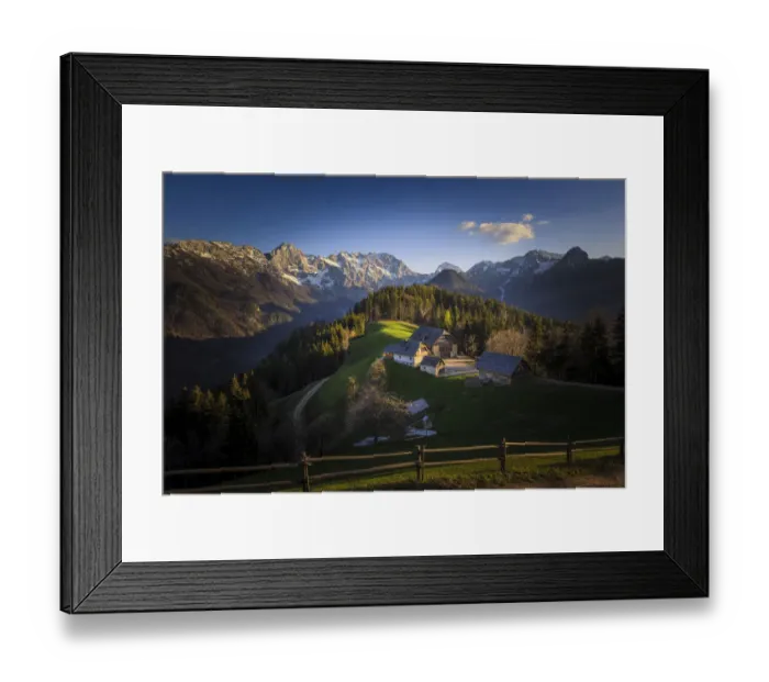Framed Print : Europe, Slovenia, Logarska Dolina. Mountain farm houses at sunset Framed Print : Europe, Slovenia, Logarska Dolina. Mountain farm houses at sunset