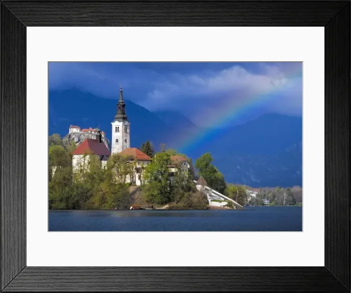 Framed Print : Europe, Slovenia, Lake Bled. Rainbow over lake and church