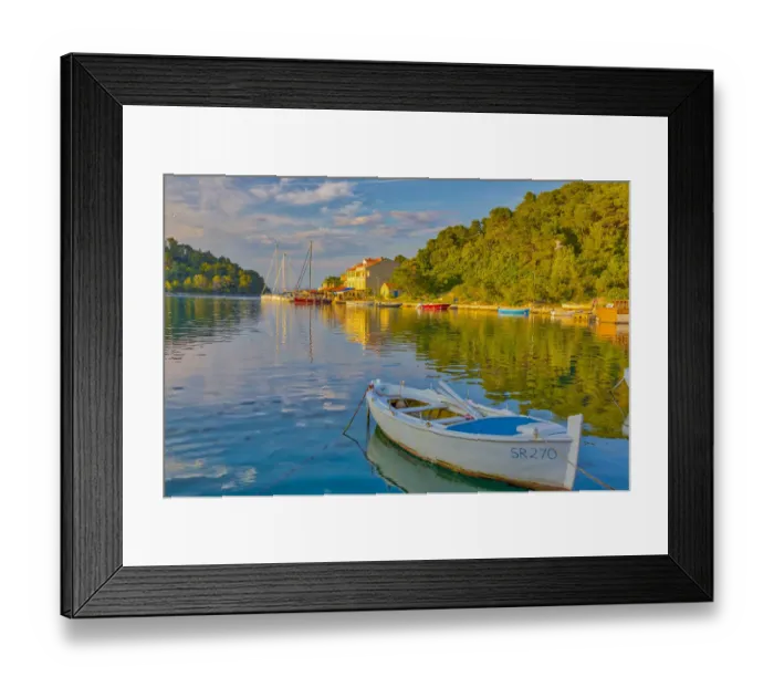 Framed Print : Croatia, Pomena. Sunset on harbor and Island of Miljet Framed Print : Croatia, Pomena. Sunset on harbor and Island of Miljet