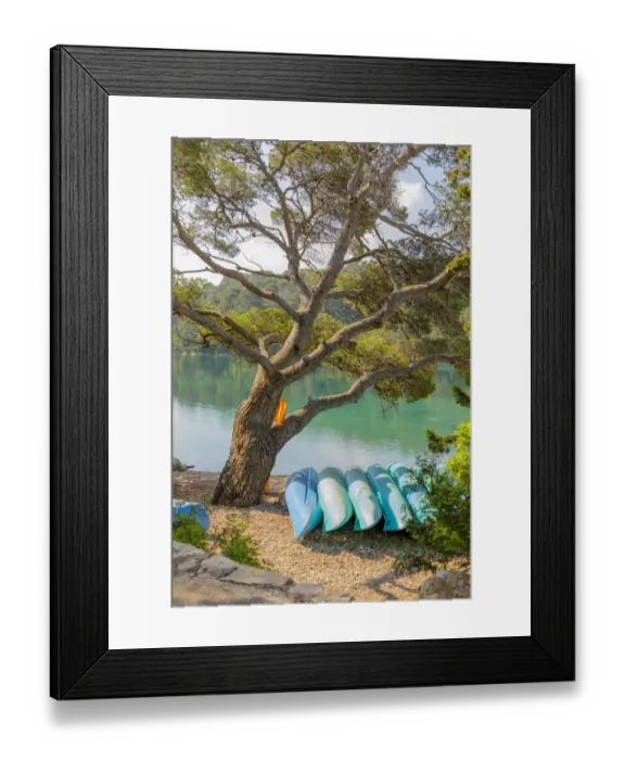 Framed Print : Croatia, Pomena. Canoes for rent on Island of Miljet Framed Print : Croatia, Pomena. Canoes for rent on Island of Miljet