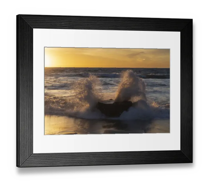 Framed Print : Golden sunset light coming through the white water crashing off a rock Framed Print : Golden sunset light coming through the white water crashing off a rock