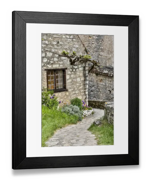 Framed Print : France, Saint-Cirq Lapopie. Cobblestone path leading to stone houses Framed Print : France, Saint-Cirq Lapopie. Cobblestone path leading to stone houses
