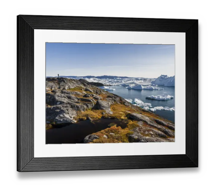 Framed Print : Tourists admiring the fjord. Ilulissat Icefjord also called kangia or Ilulissat Kangerlua