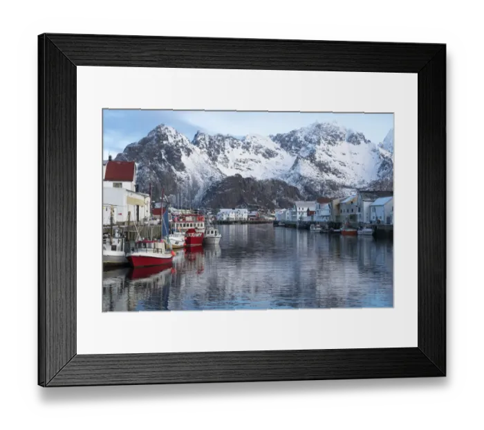 Framed Print : Norway, Vestvag. Fishing village set among dramatic mountains Framed Print : Norway, Vestvag. Fishing village set among dramatic mountains