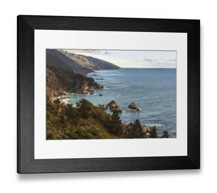 Framed Print : View south of Big Sur coastline with little arch rock in Ocean waters