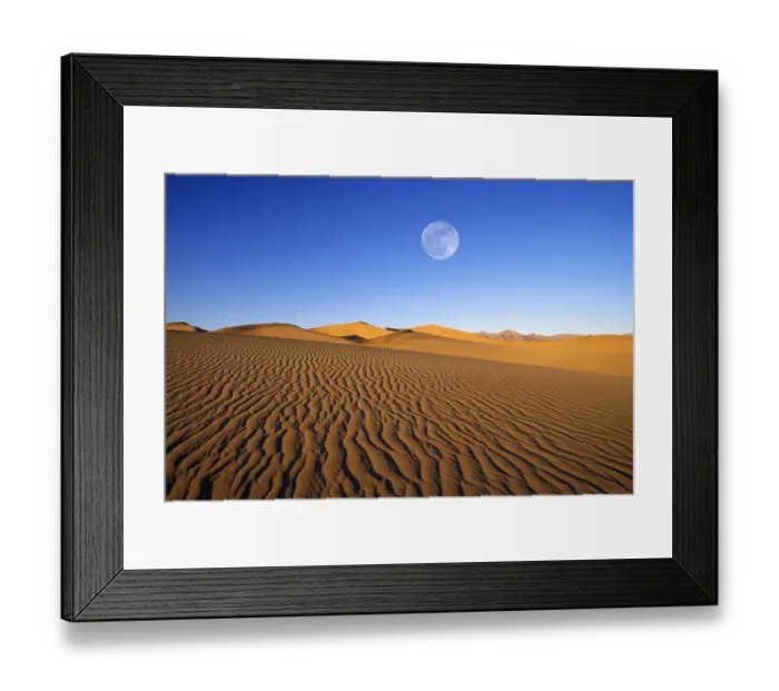 Framed Print : Full moon over evening light on dune patterns on the Mesquite Flat Sand Dunes, Death